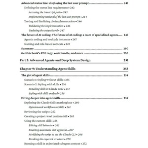 Op de afbeelding: Een pagina uit een boek met een inhoudsopgave, met hoofdstuktitels en paginanummers. Onderwerpen zijn onder meer 'Advanced Agents and Deep System Design' en 'Understanding Agent Skills'.