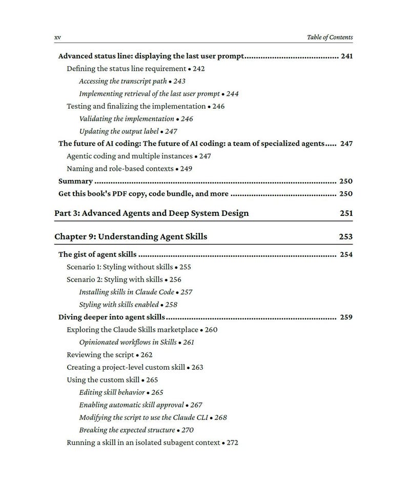 Op de afbeelding: Een pagina uit een boek met een inhoudsopgave, met hoofdstuktitels en paginanummers. Onderwerpen zijn onder meer 'Advanced Agents and Deep System Design' en 'Understanding Agent Skills'.