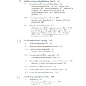 Op de afbeelding: Een pagina uit een technisch boek met een inhoudsopgave. De titels zijn onder meer "Model training and validation", "Model inference and serving" en "Monitoring and explainability". De tekst is zwart op een witte achtergrond.