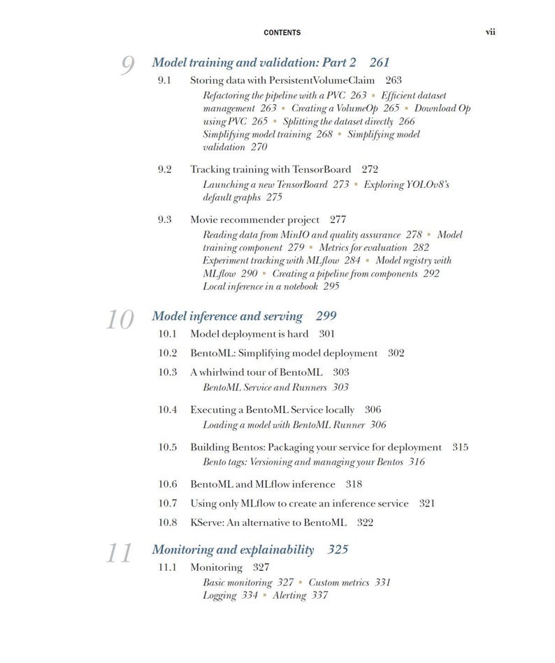 Op de afbeelding: Een pagina uit een technisch boek met een inhoudsopgave. De titels zijn onder meer "Model training and validation", "Model inference and serving" en "Monitoring and explainability". De tekst is zwart op een witte achtergrond.