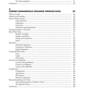 以下が含まれることがあります： 「Coding Fundamentals Explained Through Excel」というタイトルの本のページ。目次には、「What Is Code?」、「Objects and Variables」、「Basic Data Types」などのトピックが記載されています。