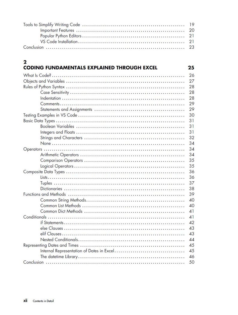 以下が含まれることがあります： 「Coding Fundamentals Explained Through Excel」というタイトルの本のページ。目次には、「What Is Code?」、「Objects and Variables」、「Basic Data Types」などのトピックが記載されています。
