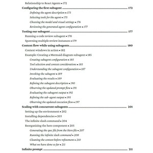 Op de afbeelding: Een pagina uit een boek met een inhoudsopgave. De tekst bevat onderwerpen als "De eerste subagent configureren", "Onze subagent testen" en "Schalen met concurrerende subagenten". Pagina nummers worden vermeld.