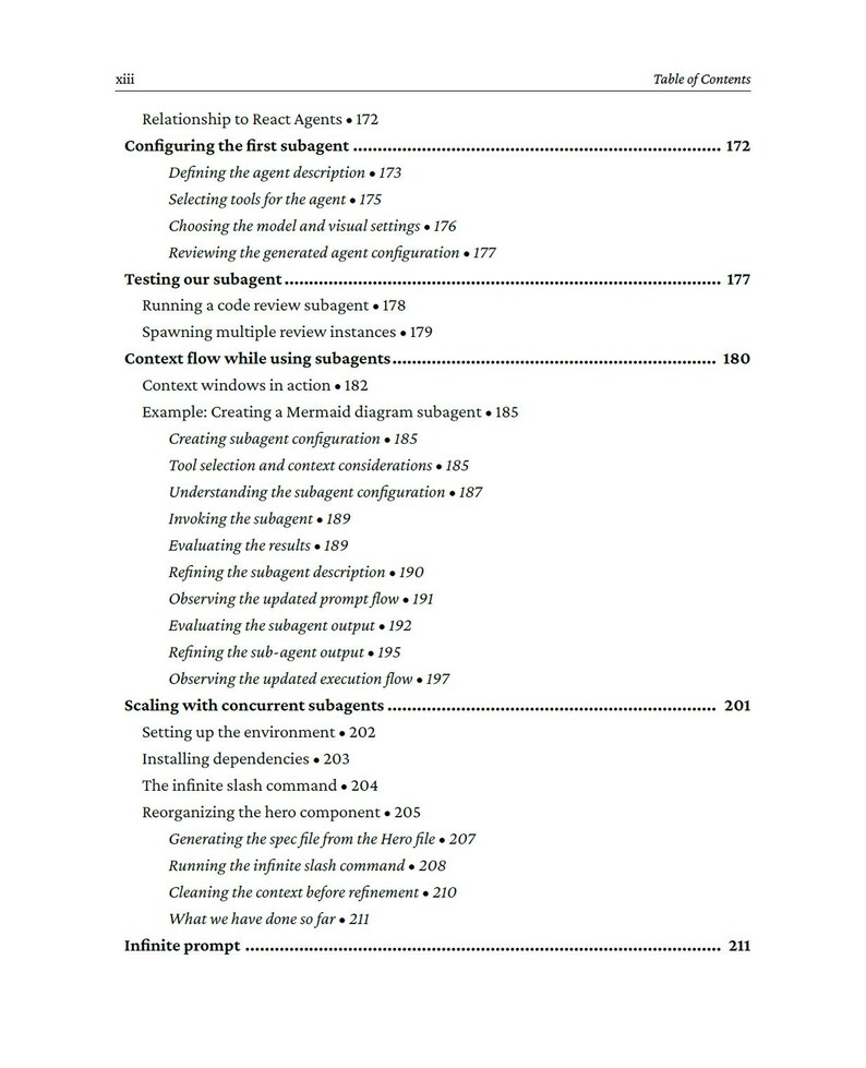 Op de afbeelding: Een pagina uit een boek met een inhoudsopgave. De tekst bevat onderwerpen als "De eerste subagent configureren", "Onze subagent testen" en "Schalen met concurrerende subagenten". Pagina nummers worden vermeld.