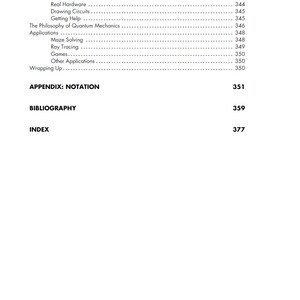Op de afbeelding: Een witte pagina met een gedetailleerde inhoudsopgave uit een boek. De tekst bevat onderwerpen als Quantum Computing Resources, Simulators en Ray Tracing. Paginanummers staan rechts van elk onderwerp. De woorden "APPENDIX: NOTATION", "BIBLIOGRAPHY" en "INDEX" zijn ook zichtbaar.