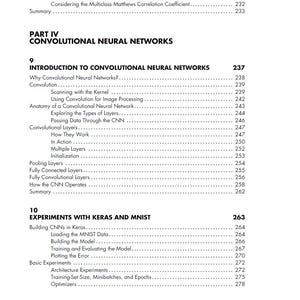 May include: A page from a textbook with the title "Convolutional Neural Networks" and a detailed table of contents. The text is black on a white background, with page numbers on the right. Topics include Keras and MNIST experiments.