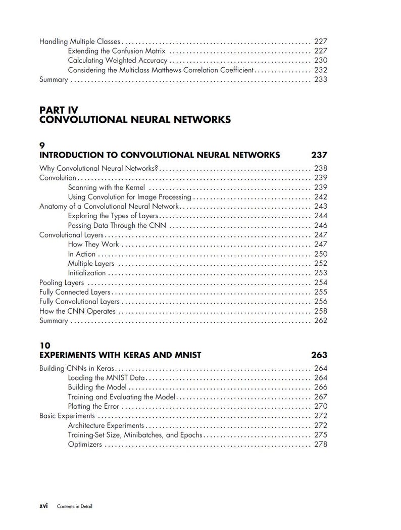 May include: A page from a textbook with the title "Convolutional Neural Networks" and a detailed table of contents. The text is black on a white background, with page numbers on the right. Topics include Keras and MNIST experiments.