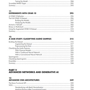 May include: A detailed table of contents from a book, featuring chapter titles and page numbers. The text is in black font on a white background. Key sections include 'Experiments with CIFAR-10' and 'Advanced CNN Architectures'.