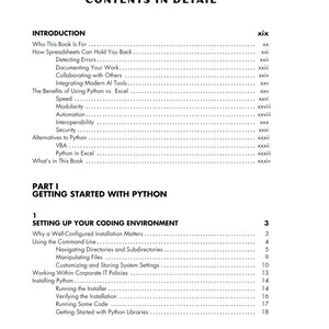 以下が含まれることがあります： 「CONTENTS IN DETAIL」というタイトルが上部にある本のページ。ページには、導入とパート1「GETTING STARTED WITH PYTHON」がリストされており、「Detecting Errors」や「Using the Command Line」などの小見出しがあります。