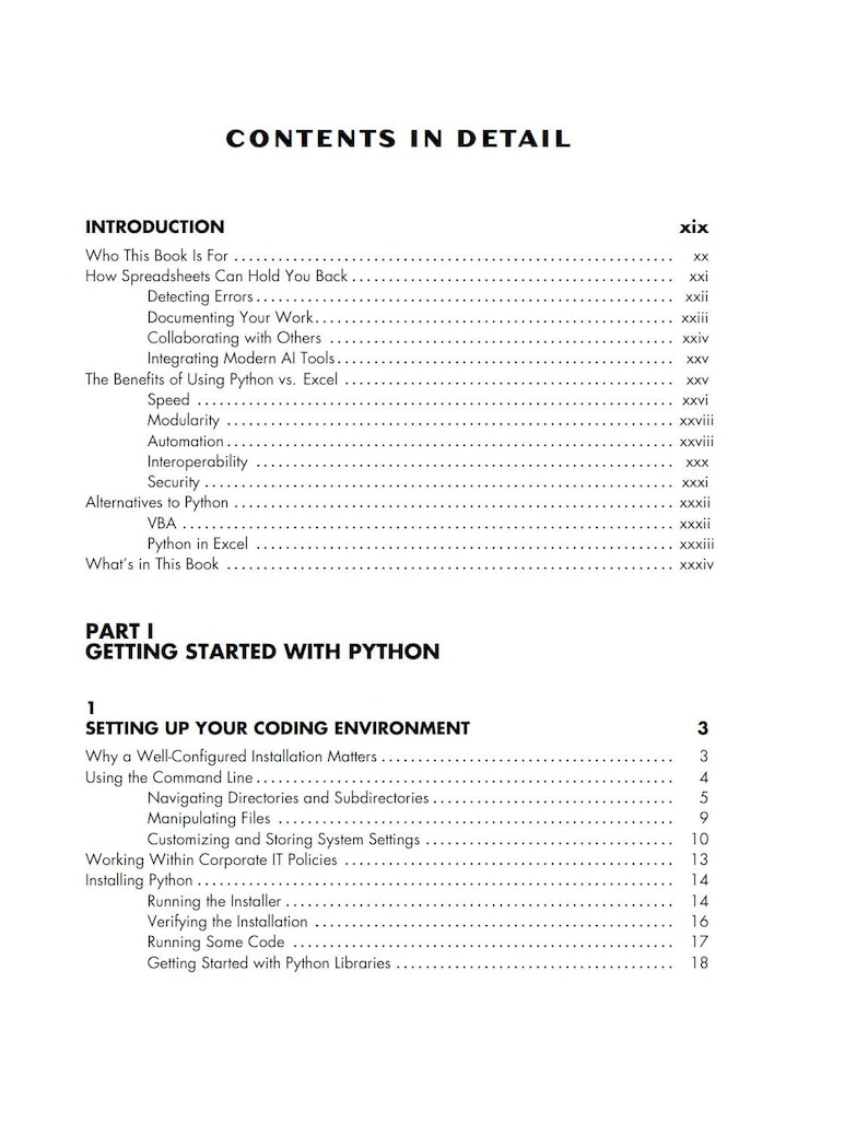 以下が含まれることがあります： 「CONTENTS IN DETAIL」というタイトルが上部にある本のページ。ページには、導入とパート1「GETTING STARTED WITH PYTHON」がリストされており、「Detecting Errors」や「Using the Command Line」などの小見出しがあります。