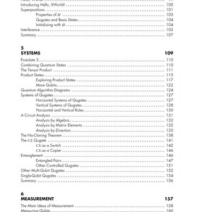 Op de afbeelding: Een pagina uit een leerboek met de titel "WORKING WITH QUBITS". De pagina is verdeeld in secties met titels als "SYSTEMS" en "MEASUREMENT", en bevat een gedetailleerde inhoudsopgave met paginanummers.