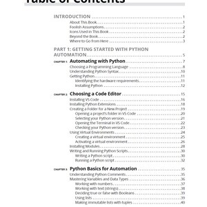 May include: A white page titled "Table of Contents" from a book about Python automation. The table lists chapters on topics like Automating with Python, Choosing a Code Editor, and Python Basics for Automation. Page numbers are visible.