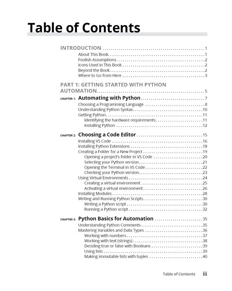 May include: A white page titled "Table of Contents" from a book about Python automation. The table lists chapters on topics like Automating with Python, Choosing a Code Editor, and Python Basics for Automation. Page numbers are visible.
