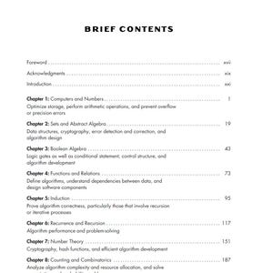 Pode incluir: Uma p&aacute;gina de um livro did&aacute;tico intitulada "Brief Contents" com fundo branco. O texto lista t&iacute;tulos de cap&iacute;tulos como "Computers and Numbers", "Sets and Abstract Algebra" e "Boolean Algebra".