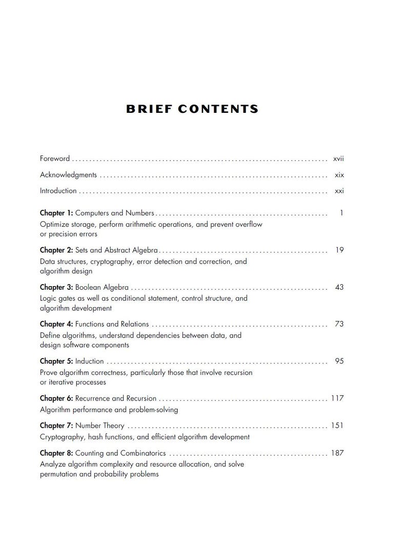 Pode incluir: Uma p&aacute;gina de um livro did&aacute;tico intitulada "Brief Contents" com fundo branco. O texto lista t&iacute;tulos de cap&iacute;tulos como "Computers and Numbers", "Sets and Abstract Algebra" e "Boolean Algebra".