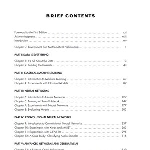 May include: A white page with the title "BRIEF CONTENTS" in bold black text. The page lists chapter titles and page numbers, organized into sections such as "DATA IS EVERYTHING" and "NEURAL NETWORKS". The text is in a clean, sans-serif font.
