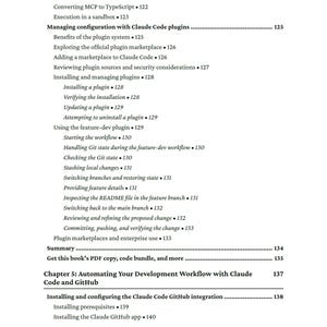 Op de afbeelding: Een pagina uit een boek met een inhoudsopgave. Onderwerpen zijn Claude Code-plugins, workflowautomatisering en GitHub-integratie. De tekst bevat titels als "Configuratie beheren" en "Hoofdstuk 5: Automatisering van uw ontwikkelingsworkflow."