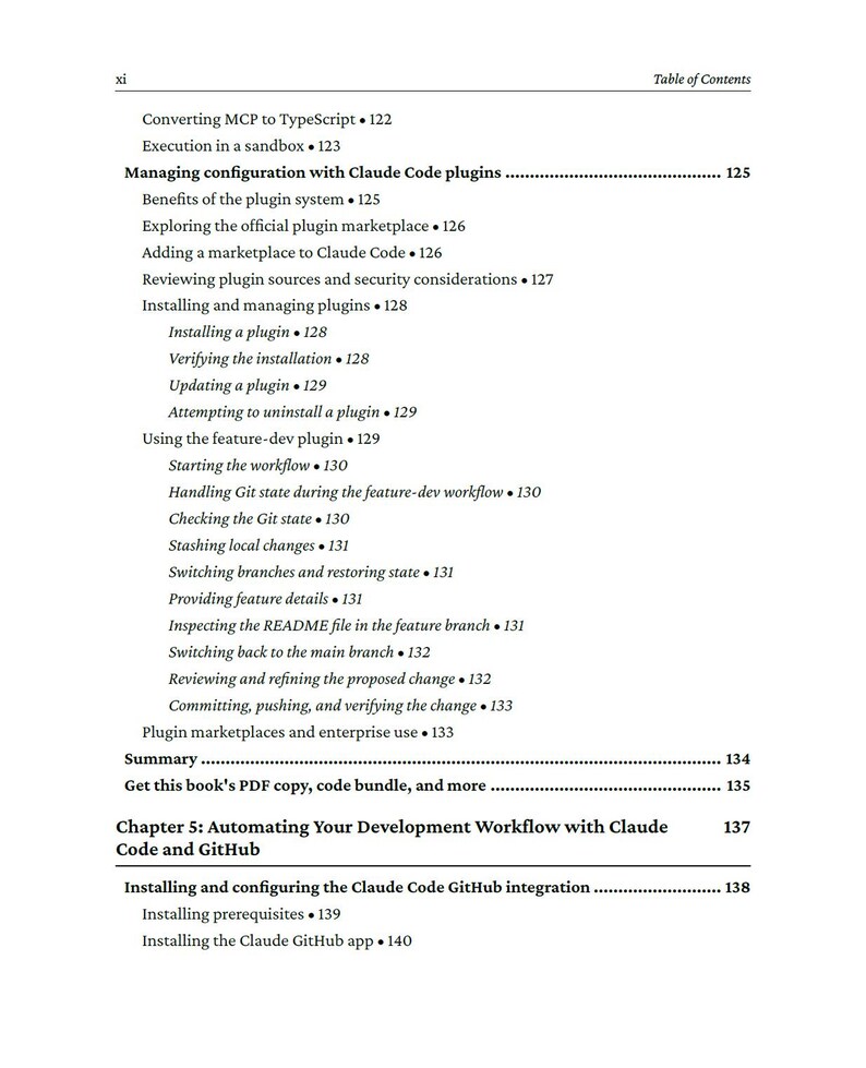 Op de afbeelding: Een pagina uit een boek met een inhoudsopgave. Onderwerpen zijn Claude Code-plugins, workflowautomatisering en GitHub-integratie. De tekst bevat titels als "Configuratie beheren" en "Hoofdstuk 5: Automatisering van uw ontwikkelingsworkflow."