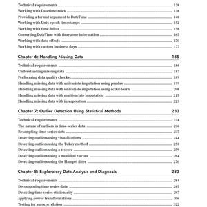 K&ouml;nnte beinhalten: Eine schwarz-wei&szlig;e Inhaltsverzeichnisseite aus einem Fachbuch. Sie listet Kapitel 5: Working with Date and Time in Python, Kapitel 6: Handling Missing Data, Kapitel 7: Outlier Detection Using Statistical Methods und Kapitel 8: Exploratory Data Analysis and Diagnosis mit den entsprechenden Seitenzahlen auf.