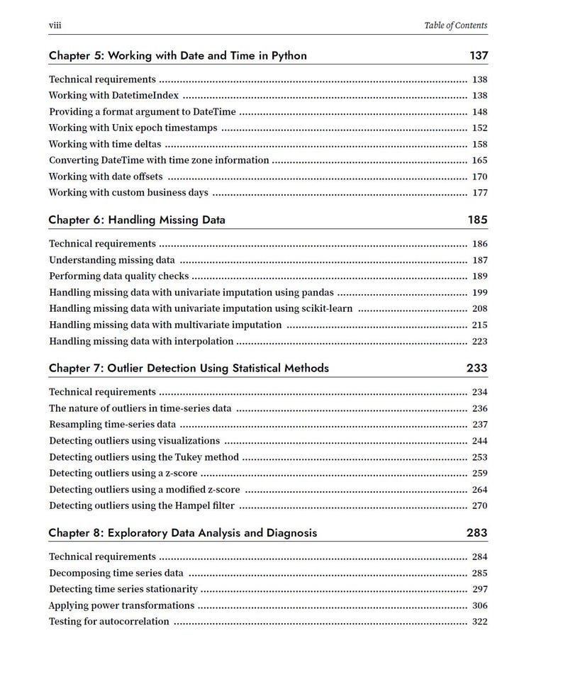 K&ouml;nnte beinhalten: Eine schwarz-wei&szlig;e Inhaltsverzeichnisseite aus einem Fachbuch. Sie listet Kapitel 5: Working with Date and Time in Python, Kapitel 6: Handling Missing Data, Kapitel 7: Outlier Detection Using Statistical Methods und Kapitel 8: Exploratory Data Analysis and Diagnosis mit den entsprechenden Seitenzahlen auf.