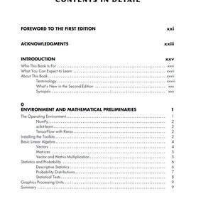 May include: A white book page with the title "CONTENTS IN DETAIL" at the top. The page lists the table of contents, including sections on the operating environment, linear algebra, and statistics. The text is black on a white background.