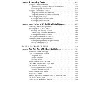 May include: A page from "Python Automation For Dummies" with a table of contents. The text includes chapter titles like "Scheduling Tasks" and "Integrating with Artificial Intelligence." The page numbers are visible.