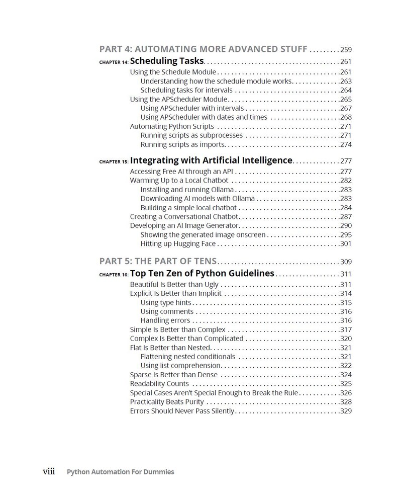 May include: A page from "Python Automation For Dummies" with a table of contents. The text includes chapter titles like "Scheduling Tasks" and "Integrating with Artificial Intelligence." The page numbers are visible.