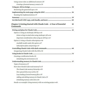 Op de afbeelding: Een pagina met de inhoudsopgave van een boek, met titels en paginanummers. Het bevat onderwerpen als "Claude Code", "pec-driven design" en prijsinformatie. De pagina is wit met zwarte tekst.
