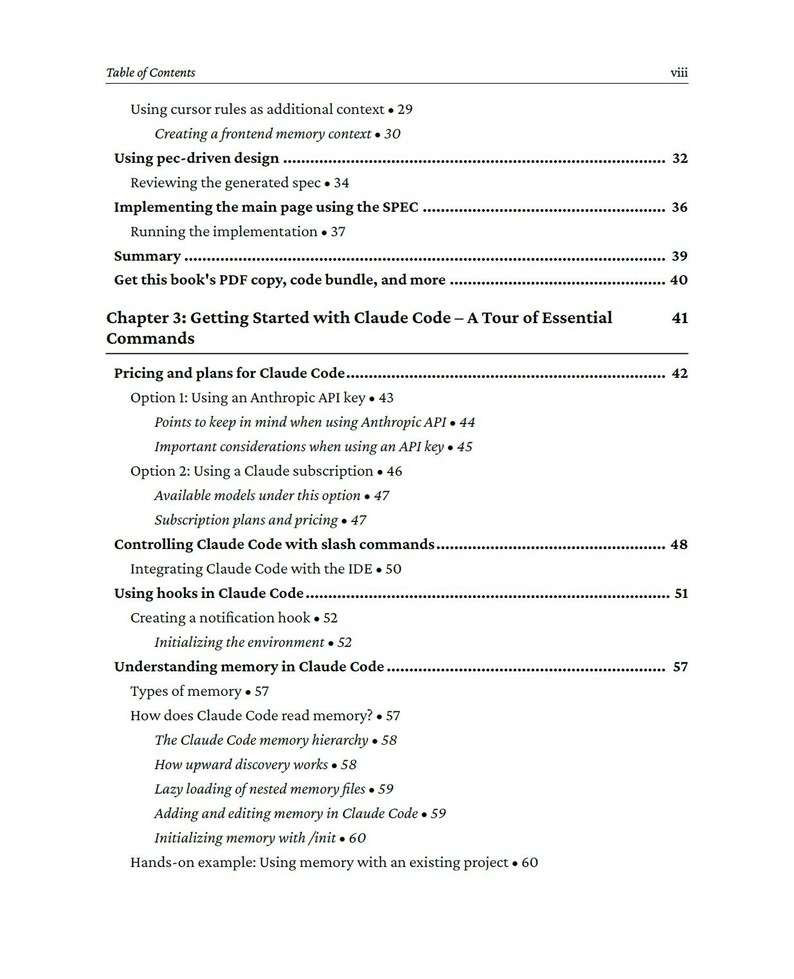 Op de afbeelding: Een pagina met de inhoudsopgave van een boek, met titels en paginanummers. Het bevat onderwerpen als "Claude Code", "pec-driven design" en prijsinformatie. De pagina is wit met zwarte tekst.