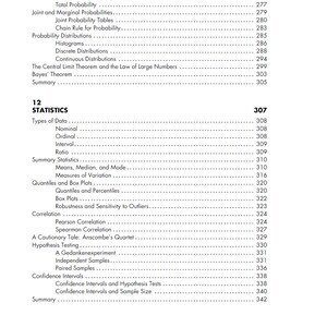 Pode incluir: Uma p&aacute;gina de um livro did&aacute;tico intitulado "Estat&iacute;stica" com um sum&aacute;rio. O texto inclui t&oacute;picos como probabilidade, distribui&ccedil;&otilde;es e testes de hip&oacute;teses. Os n&uacute;meros das p&aacute;ginas est&atilde;o listados.