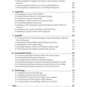 Pu&ograve; includere: Indice di un libro, con titoli e numeri di pagina. Le sezioni includono Agentic RAG, Graph RAG, Evaluating RAG Systems e RAG Web Apps. I numeri di pagina sono a destra dei titoli.