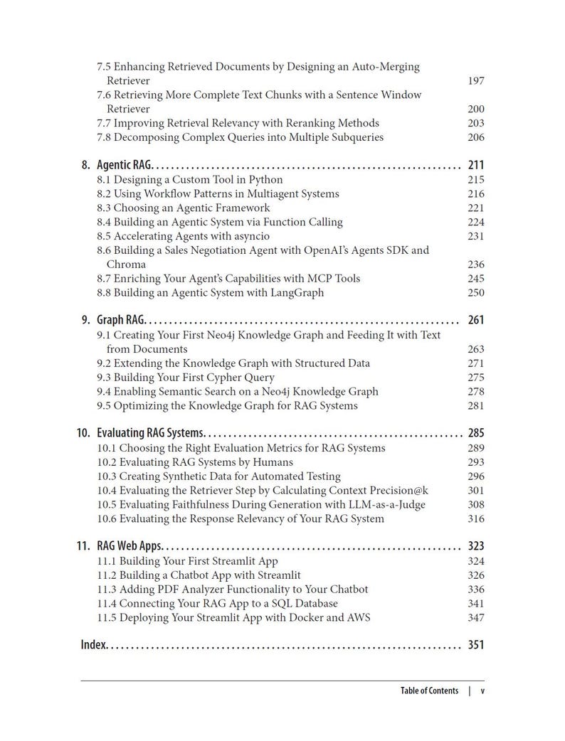 Pu&ograve; includere: Indice di un libro, con titoli e numeri di pagina. Le sezioni includono Agentic RAG, Graph RAG, Evaluating RAG Systems e RAG Web Apps. I numeri di pagina sono a destra dei titoli.