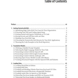 Pu&ograve; includere: Una pagina bianca con il titolo "Table of Contents" in alto. La pagina elenca varie sezioni e sottosezioni, tra cui "Getting Started with RAG" e "Foundation Models". Il testo &egrave; nero e organizzato con titoli e sottotitoli.