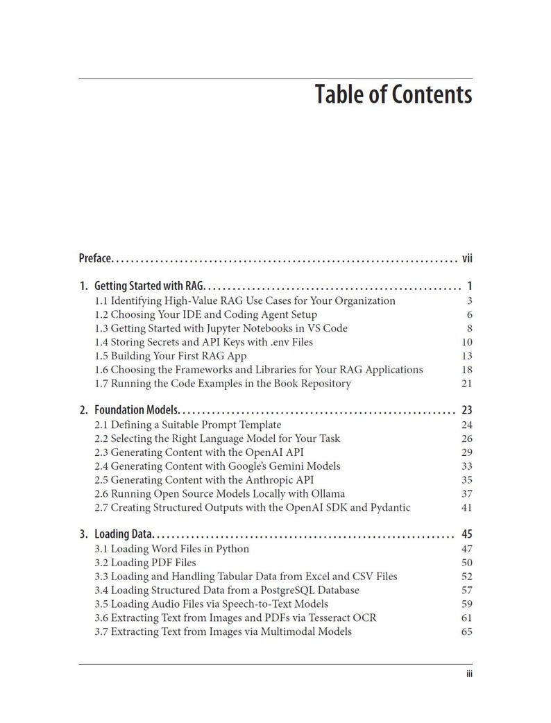 Pu&ograve; includere: Una pagina bianca con il titolo "Table of Contents" in alto. La pagina elenca varie sezioni e sottosezioni, tra cui "Getting Started with RAG" e "Foundation Models". Il testo &egrave; nero e organizzato con titoli e sottotitoli.
