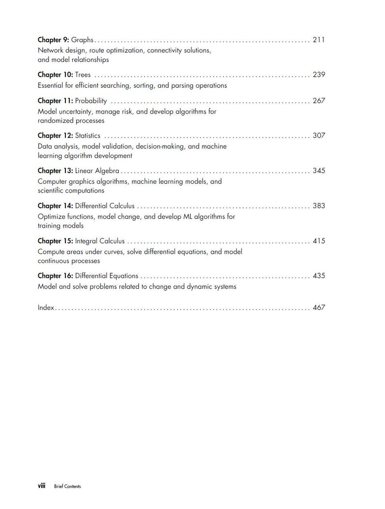 Pode incluir: Uma p&aacute;gina de um livro did&aacute;tico com uma se&ccedil;&atilde;o de sum&aacute;rio. O texto inclui t&iacute;tulos de cap&iacute;tulos como "Gr&aacute;ficos", "&Aacute;rvores", "Probabilidade" e "Estat&iacute;stica". Os n&uacute;meros das p&aacute;ginas s&atilde;o listados &agrave; direita de cada t&iacute;tulo.