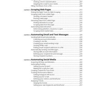 May include: A table of contents page from a technical book, listing chapters on web scraping, automating email and text messages, and automating social media. The page includes section titles and page numbers.