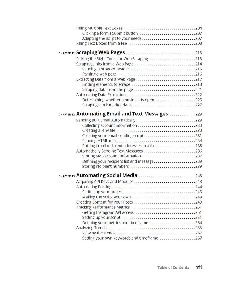 May include: A table of contents page from a technical book, listing chapters on web scraping, automating email and text messages, and automating social media. The page includes section titles and page numbers.