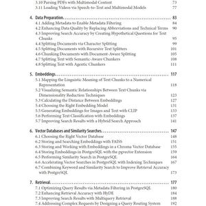 Pu&ograve; includere: Una pagina di un documento tecnico con un sommario. Testo nero su sfondo bianco. Le sezioni includono "Preparazione dei dati", "Incorporamenti" e "Database vettoriali e ricerche di similarit&agrave;".