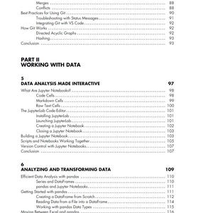 以下が含まれることがあります： 白背景に黒文字で書かれた本の詳細な目次。Git、データ分析、Jupyter Notebooks、pandasなどのトピックが記載され、右側にページ番号が示されています。