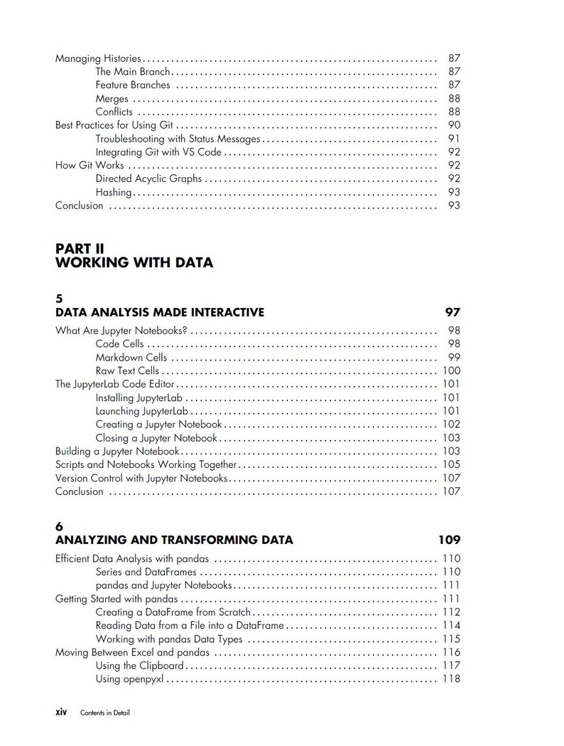 以下が含まれることがあります： 白背景に黒文字で書かれた本の詳細な目次。Git、データ分析、Jupyter Notebooks、pandasなどのトピックが記載され、右側にページ番号が示されています。