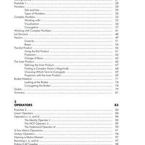Op de afbeelding: Een pagina uit een leerboek getiteld "Quantum States" met een gedetailleerde inhoudsopgave. De tekst is zwart op wit, met sectietitels en paginanummers. De inhoudsopgave bevat onderwerpen als "Complex Numbers" en "Operators".