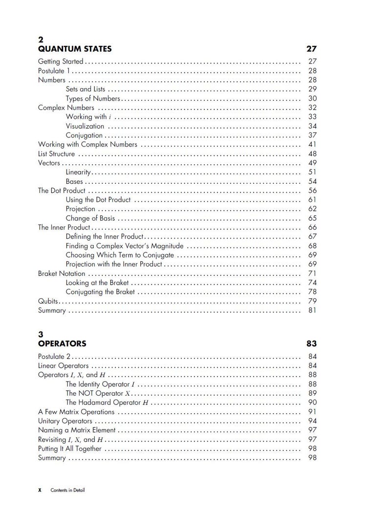 Op de afbeelding: Een pagina uit een leerboek getiteld "Quantum States" met een gedetailleerde inhoudsopgave. De tekst is zwart op wit, met sectietitels en paginanummers. De inhoudsopgave bevat onderwerpen als "Complex Numbers" en "Operators".