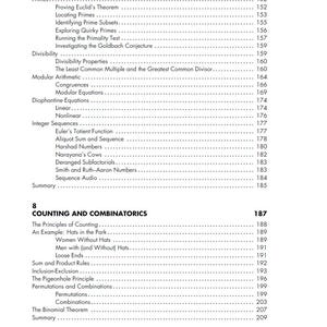 Pode incluir: P&aacute;gina de um livro did&aacute;tico com os t&iacute;tulos "Teoria dos N&uacute;meros" e "Contagem e Combinat&oacute;ria". O texto inclui t&oacute;picos como n&uacute;meros primos, divisibilidade e sequ&ecirc;ncias. Os n&uacute;meros das p&aacute;ginas s&atilde;o vis&iacute;veis.