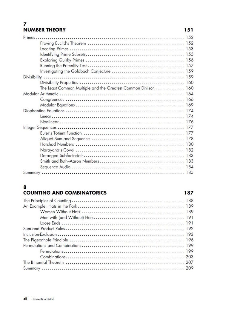 Pode incluir: P&aacute;gina de um livro did&aacute;tico com os t&iacute;tulos "Teoria dos N&uacute;meros" e "Contagem e Combinat&oacute;ria". O texto inclui t&oacute;picos como n&uacute;meros primos, divisibilidade e sequ&ecirc;ncias. Os n&uacute;meros das p&aacute;ginas s&atilde;o vis&iacute;veis.