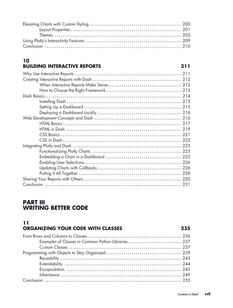 以下が含まれることがあります： 本の目次ページ。 「Building Interactive Reports」や「Organizing Your Code with Classes」などの章タイトルが記載されています。 ページ番号は右側に記載されています。 白い背景に黒い文字で書かれています。