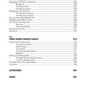 以下が含まれることがあります： 「Finding and Fixing Errors」と「Three Good Coding Habits」というタイトルが書かれた本のページ。デバッグ、ブレークポイント、モジュール化などのトピックを含む目次があります。ページ番号は右側に記載されています。