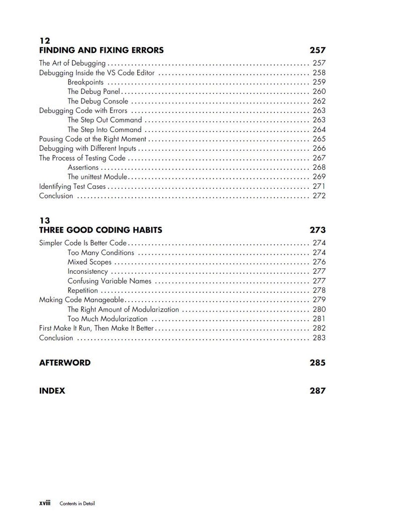 以下が含まれることがあります： 「Finding and Fixing Errors」と「Three Good Coding Habits」というタイトルが書かれた本のページ。デバッグ、ブレークポイント、モジュール化などのトピックを含む目次があります。ページ番号は右側に記載されています。