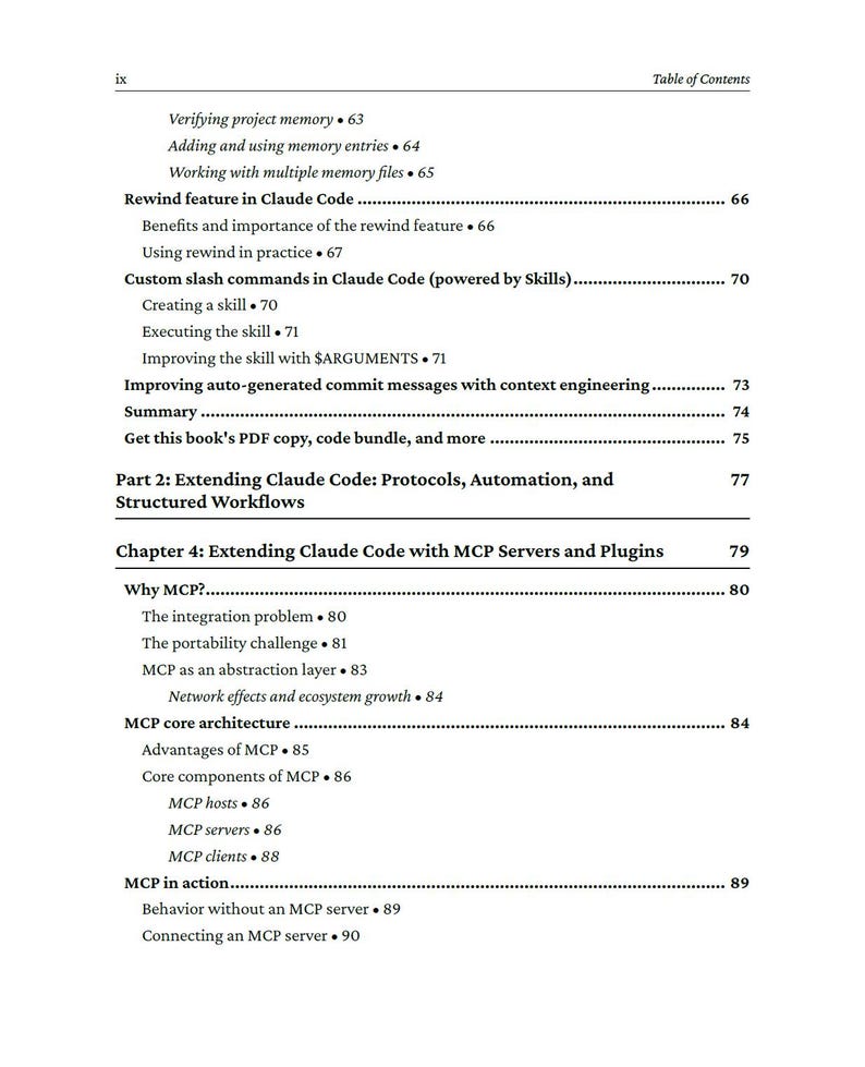 Op de afbeelding: Een pagina uit een boek met een inhoudsopgave. De tekst bevat onderwerpen als "Rewind feature in Claude Code", "Custom slash commands" en "Extending Claude Code with MCP Servers and Plugins". Het paginanummer is ix.