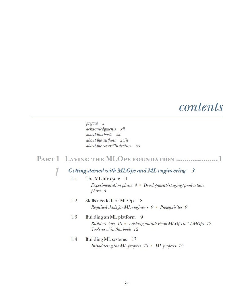 Op de afbeelding: Een pagina uit een boek met de inhoudsopgave, inclusief secties over MLOps en ML-engineering. De hoofdtitel is "DEEL 1: DE MLOPS FUNDAMENTEN LEGGEN". Subsecties behandelen onderwerpen als de ML-levenscyclus en het bouwen van ML-systemen.