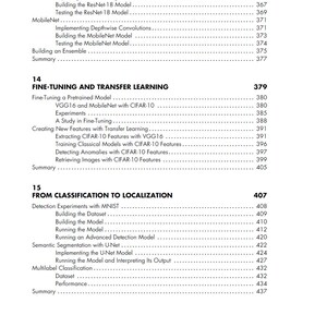 May include: A page from a book with a table of contents. The text includes titles such as "Fine-Tuning and Transfer Learning" and "From Classification to Localization." Page numbers are listed to the right of each entry.